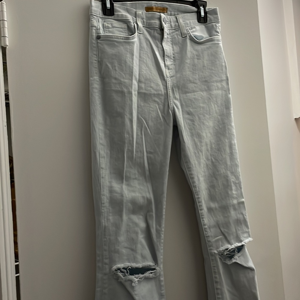 Rebecca Minkoff sunset flare midrise Jean in baby blue with distressed knee - Picture 2 of 11